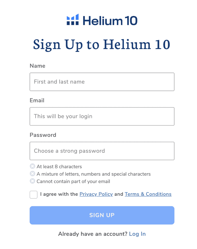 Sign up Form Helium 10